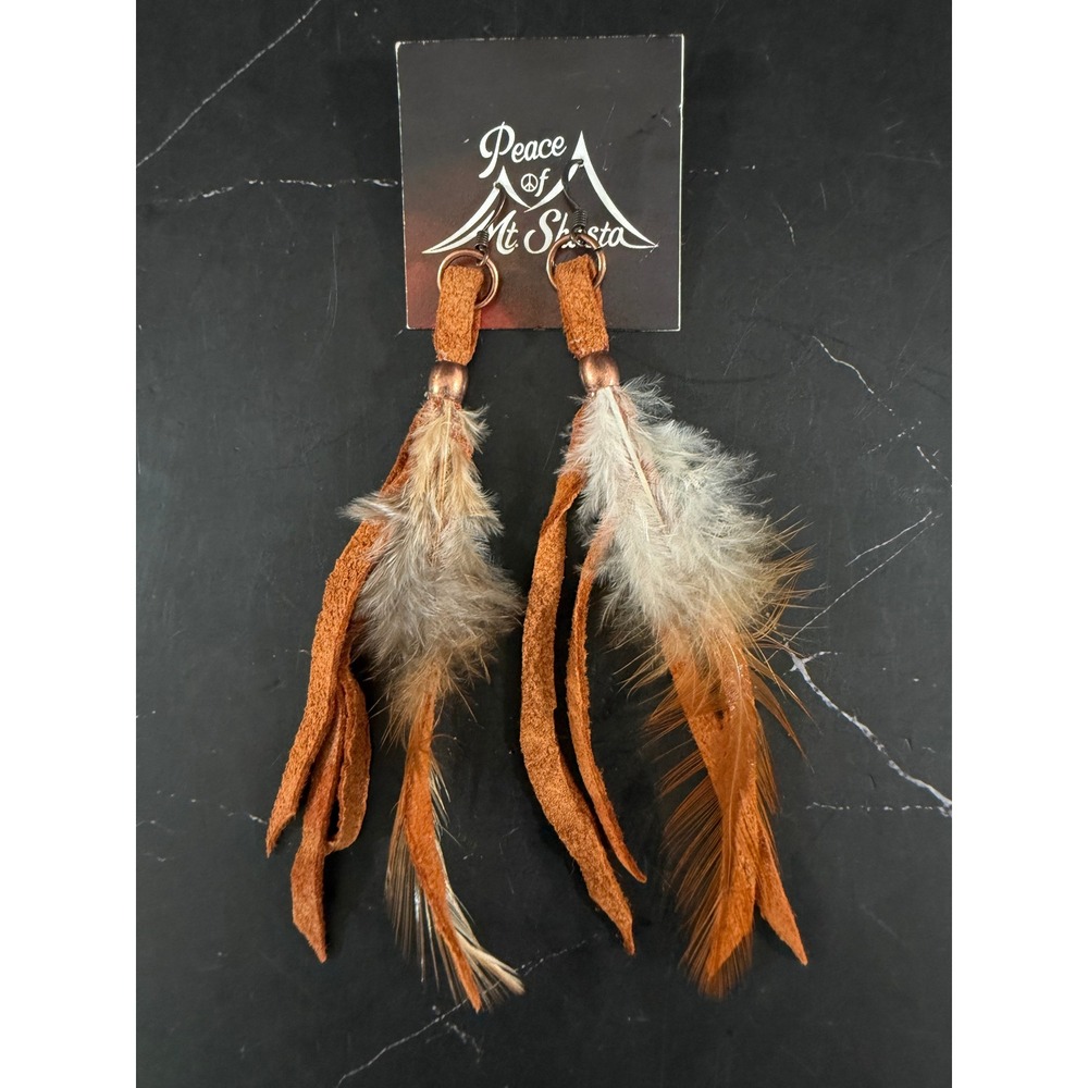 Peace of Mt. Shasta Leather Feather Long Fringe Earrings